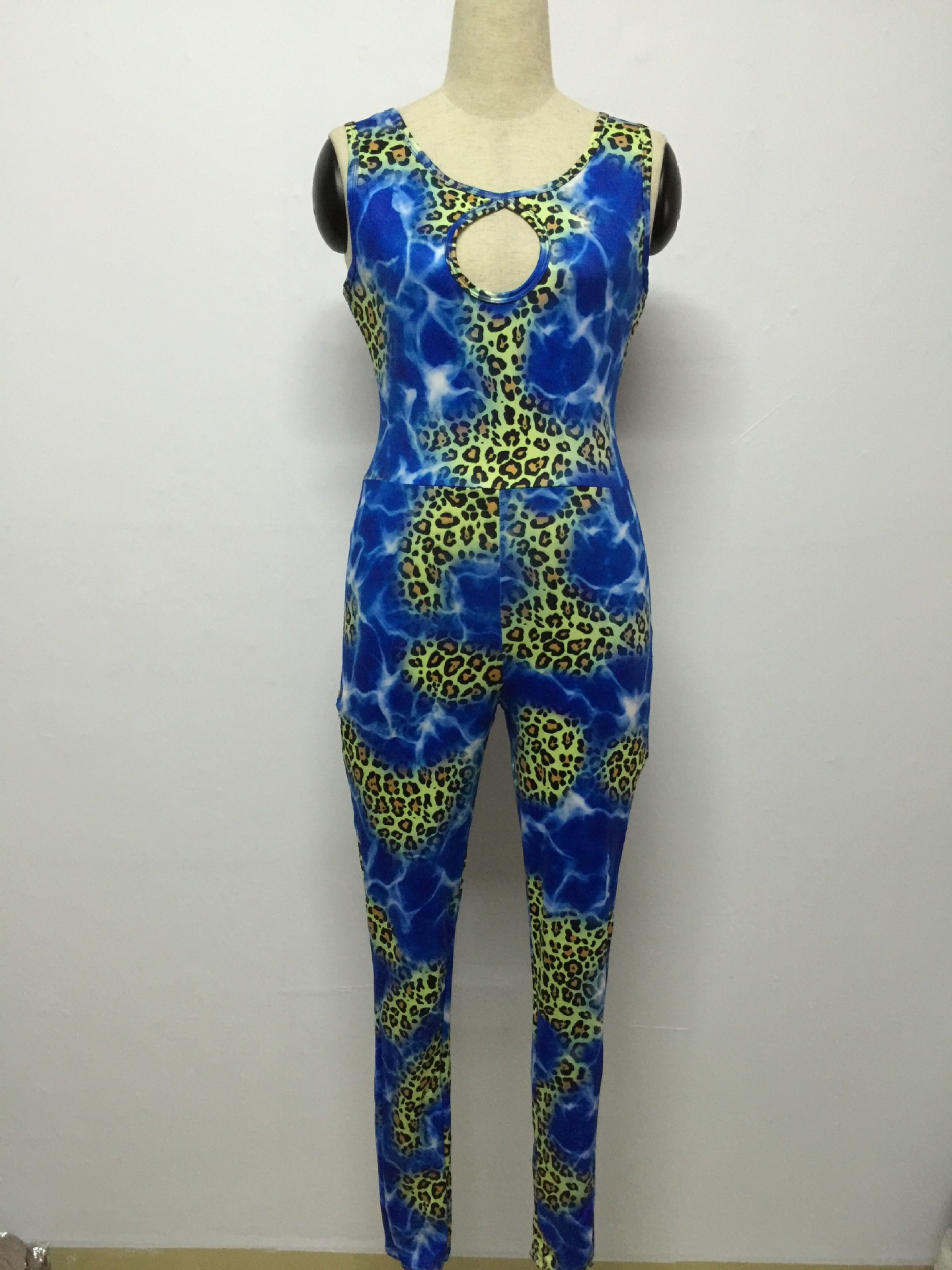 Sexy O Neck Sleeveless Backless Leopard Print Blue Polyester One Piece Skinny Jumpsuitlw