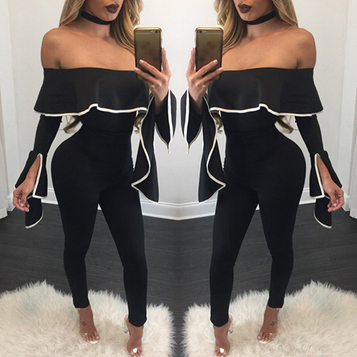 Sexy Strapless Long Sleeves Falbala Design Black Twilled One-piece ...