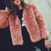 Trendy V Neck Long Sleeves Fur Design Pink Short C