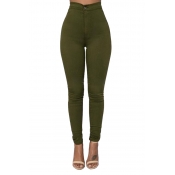 Stylish Mid Waist Green Cotton Blends Pants