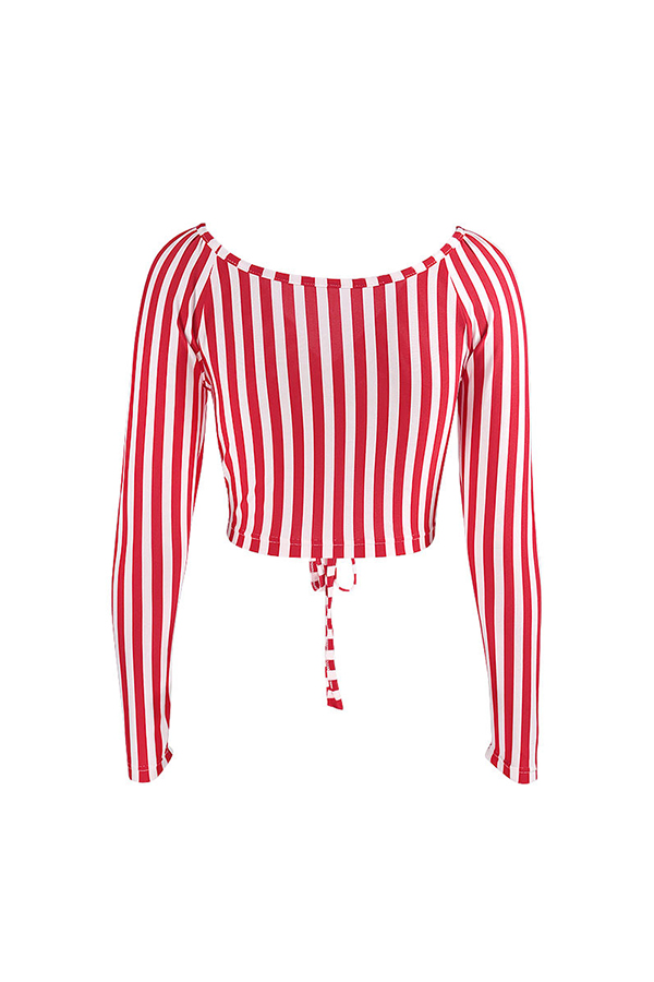 Lovely Casual V Neck Long Sleeves Striped Red Polyester T-shirtLW ...