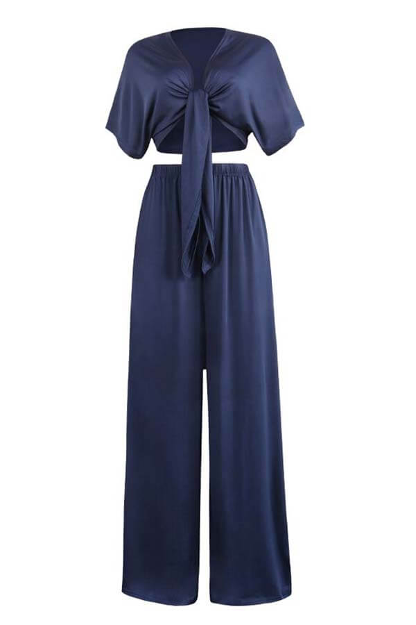 Lovely Casual Deep V Neck Loose Dark Blue Two-piece Pants SetLW ...