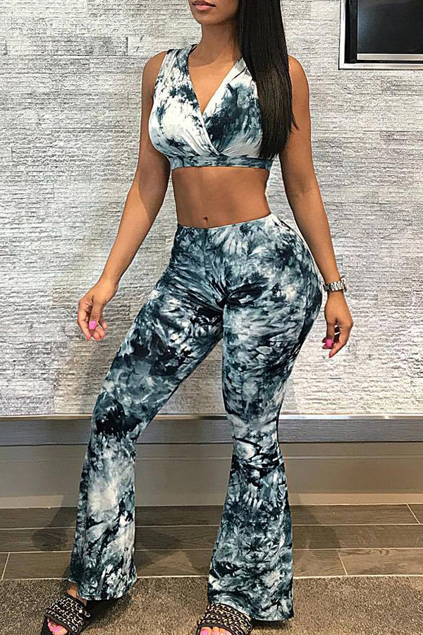 Lovely Casual Printed Midriff Baring Blue Qmilch Two Piece Pants Setlw Fashion Online For 6497