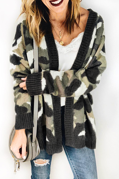 Lovely Casual Camouflage Grey Cardigan SweatersLW | Fashion Online For 