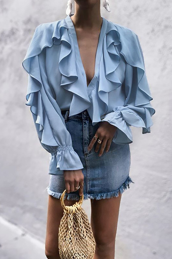 Lovely Sweet V Neck Ruffle Design Baby Blue BlouseLW | Fashion Online ...