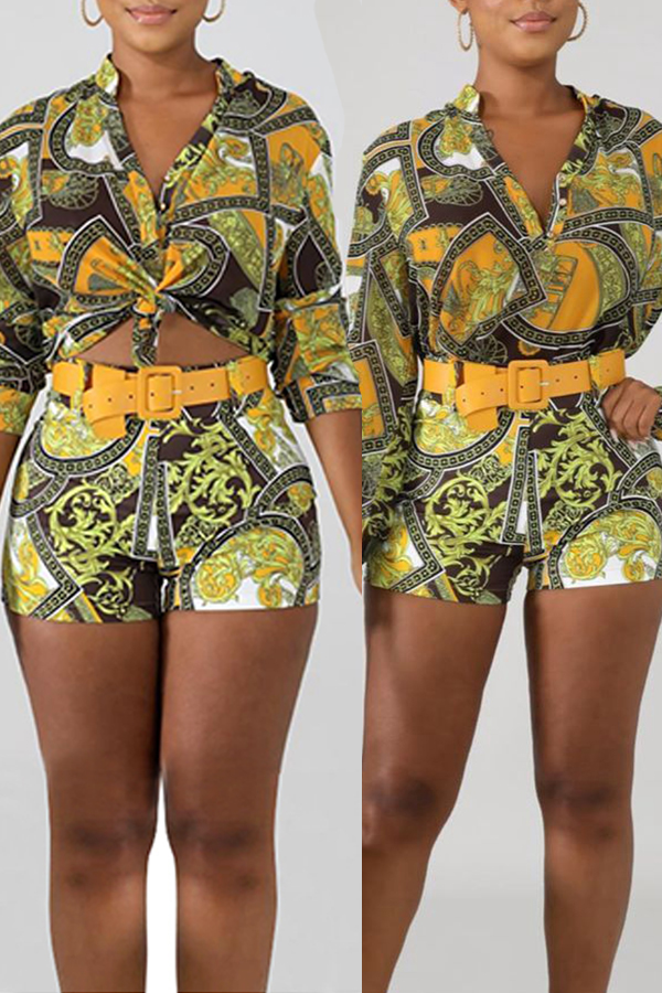 Lovely Casual Printed Golden Yellow Twopiece Shorts Set(Without Belt