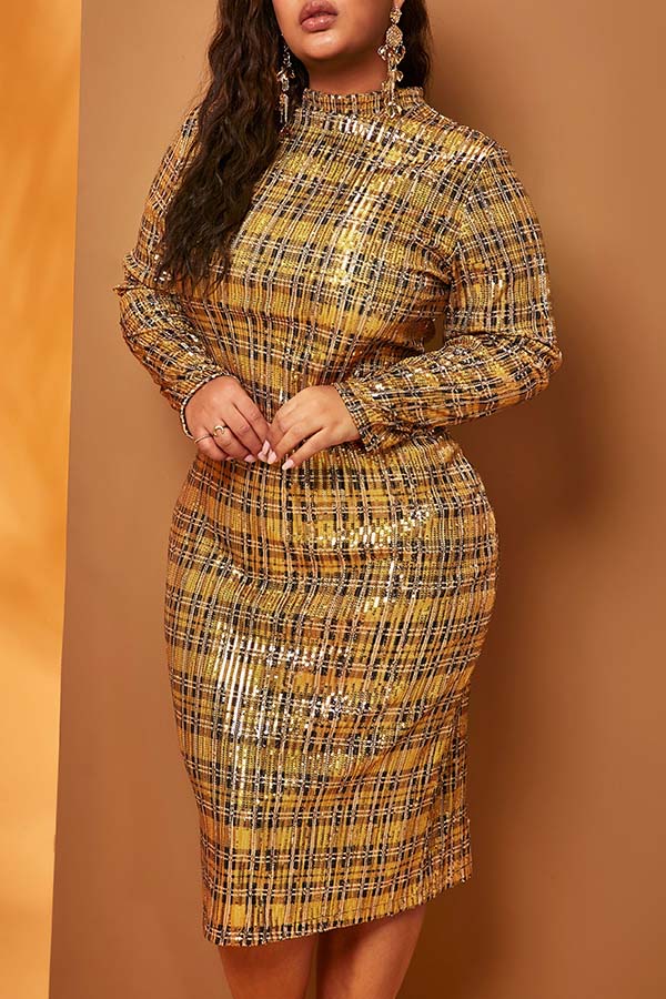 Lovely Casual Plaid Print Yellow Knee Length Plus Size DressLW