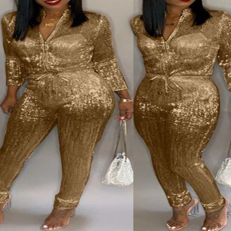 Lovely Stylish Sequined Gold Plus Size One-piece JumpsuitLW | Fashion ...