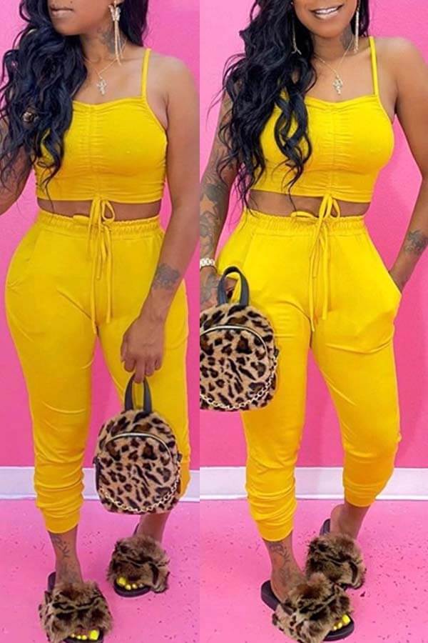 Lw Sexy Lace Up Yellow Two Piece Pants Set Sale Lovelywholesale 