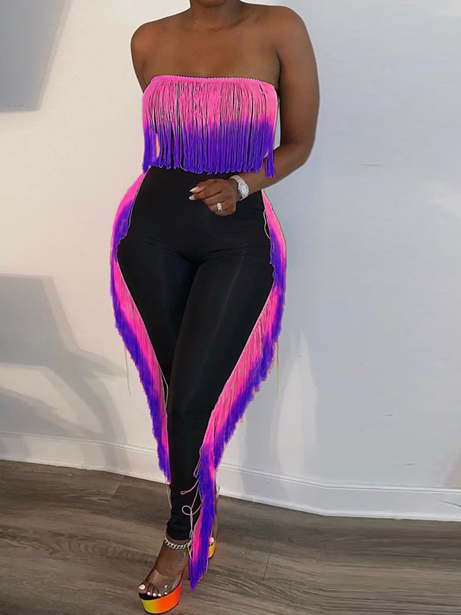 lovely Stylish Dew Shoulder Tassel Design Pink Two Piece Pants SetLW