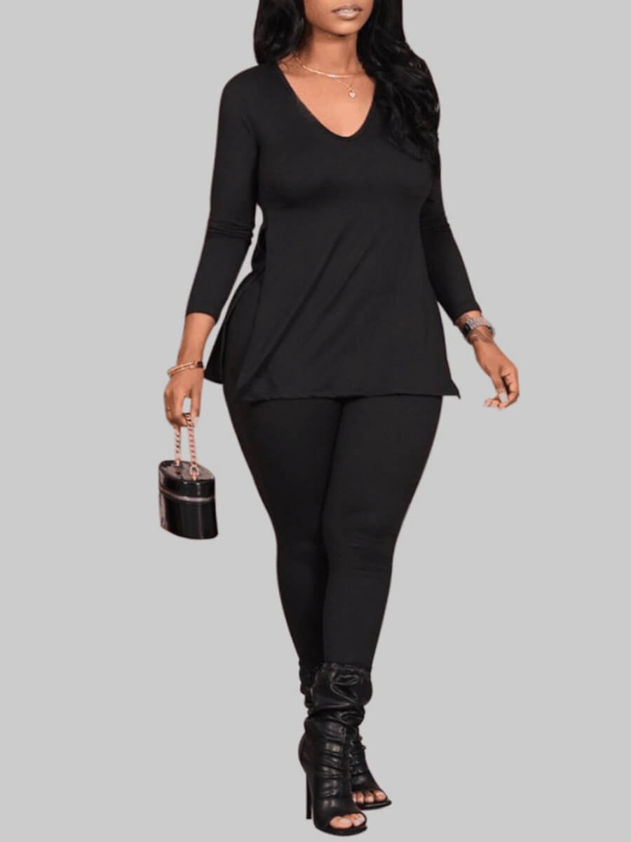 Lovely Casual V Neck Long Sleeve Black Plus Size Two-piece Pants SetLW ...