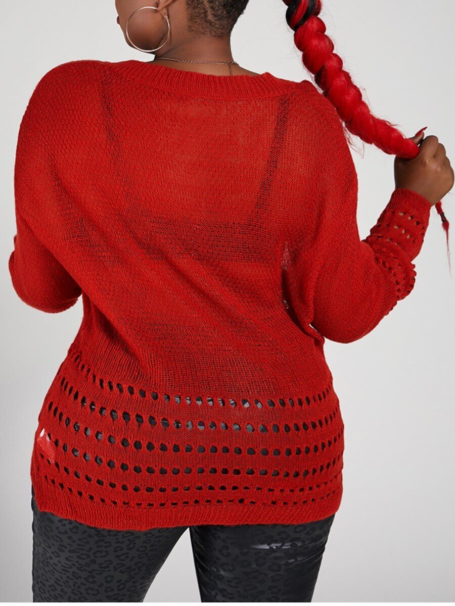 Lovely Sexy V Neck Hollowout Seethrough Red Plus Size SweaterLW