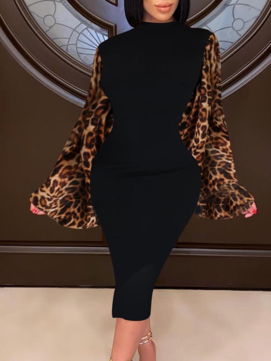 Lovely Trendy Batwing Sleeve Leopard Print Patchwork Black Mid Calf DressLW | Fashion Online For 