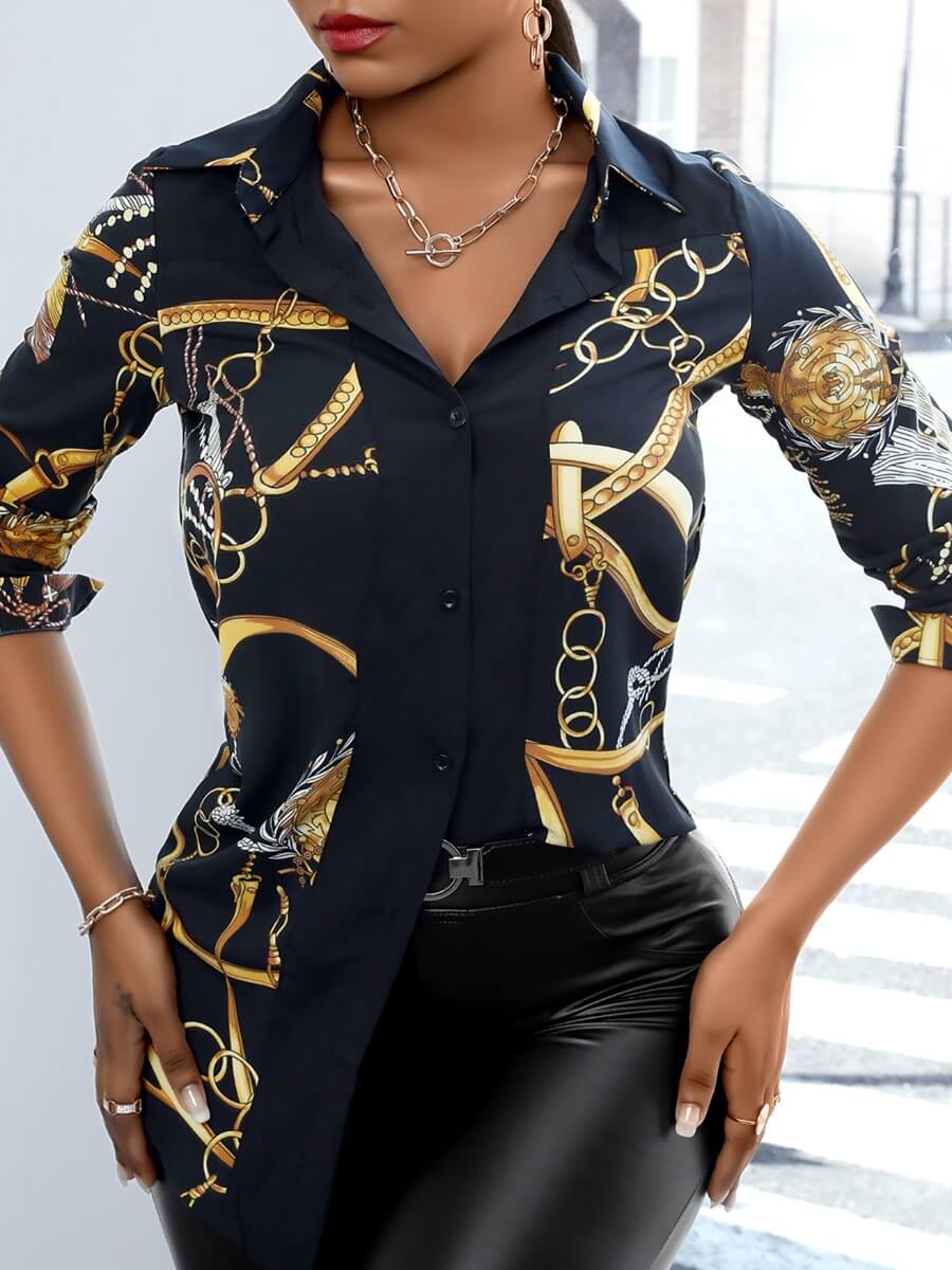 Lovely Vintage Shirt Collar Print Black BlouseLW | Fashion Online For ...