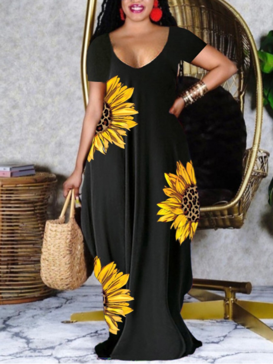 Lovely Plus Size Sunflower Casual U Neck Floral Print Black Floor Length Dresslw Fashion 8206